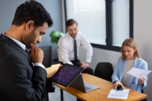 Trois professionnels analysent des données sur un écran tactile et des documents lors d'une réunion, potentiellement améliorés par Galileo AI
