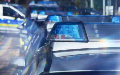 Voitures de police rangées sur une rue, feux bleus allumés