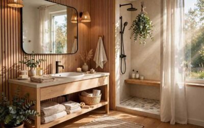 Bain moderne avec vasque en bois, miroir, douche à l'italienne et plantes