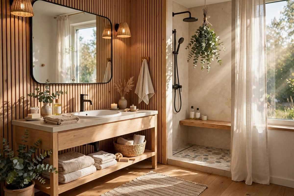 Bain moderne avec vasque en bois, miroir, douche à l'italienne et plantes